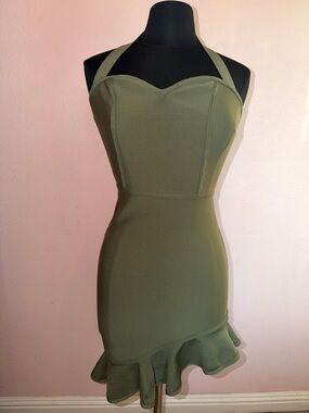 Olive Halter Bodycon Mini Dress with Ruffle Hem